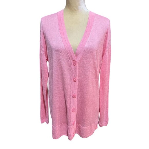 Talbots 100% Linen Pink Long Sleeve Button Up Cardigan Medium Preppy Soft Girl - Picture 2 of 8
